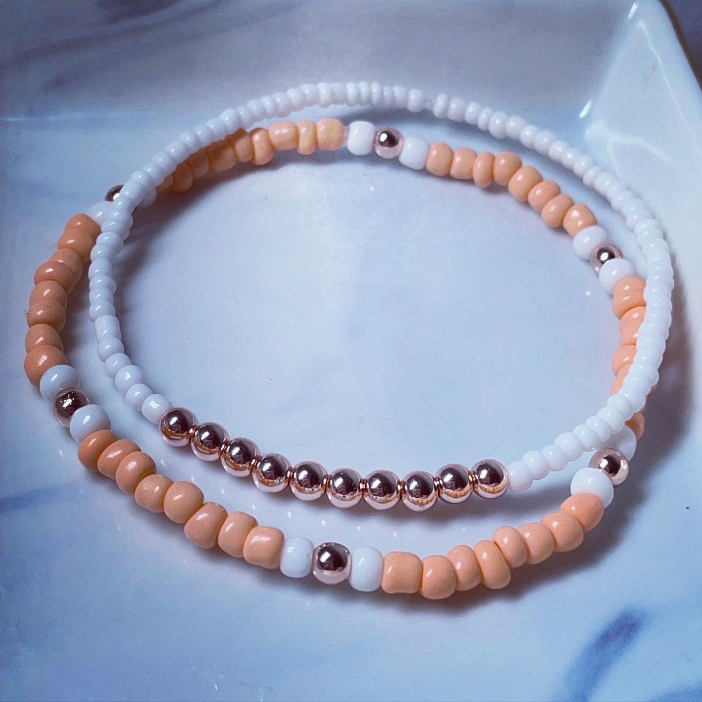 Rose gold hematite, peach & white glass bead anklet set