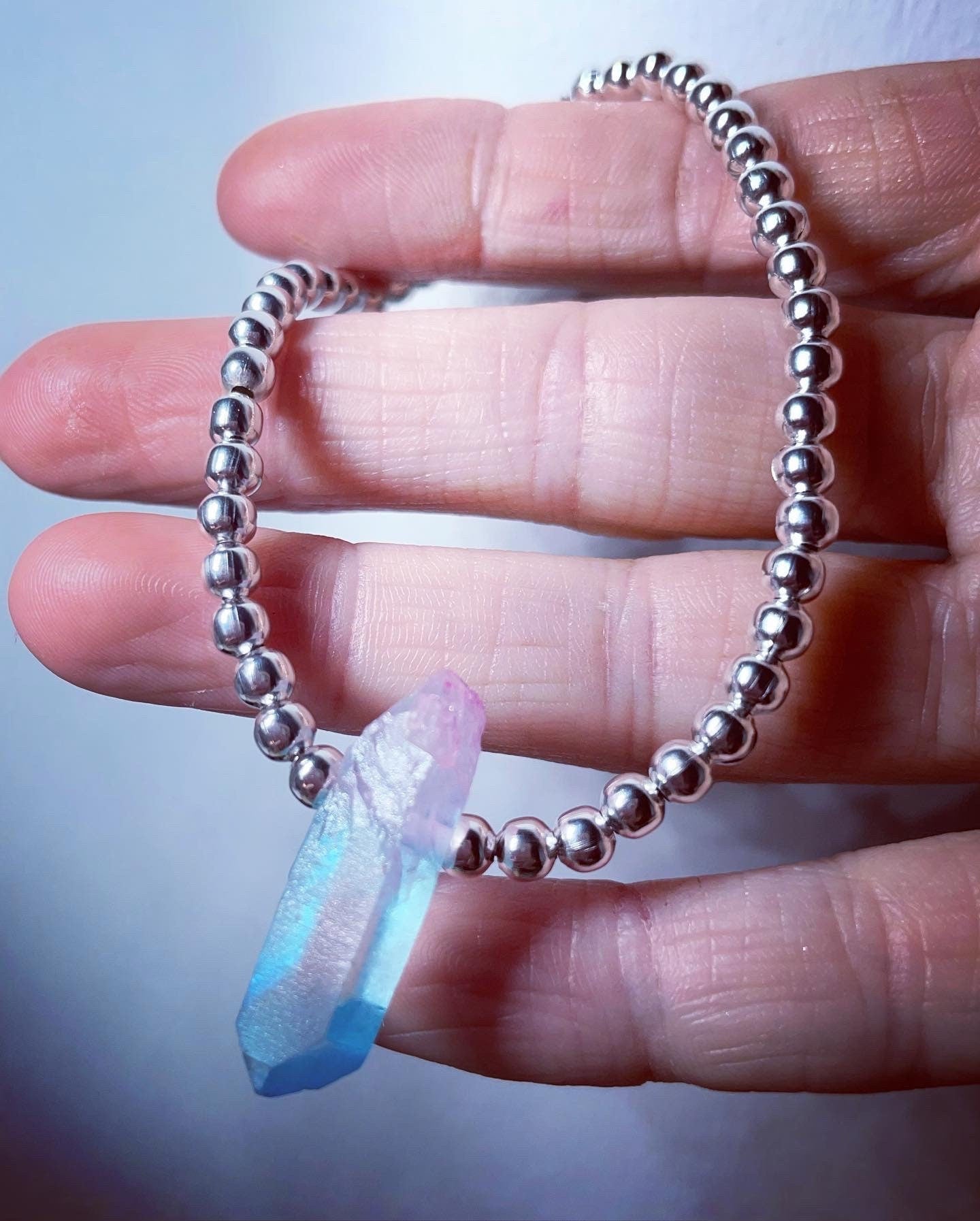 Aura Quartz pink/blue crystal silver beaded bracelet