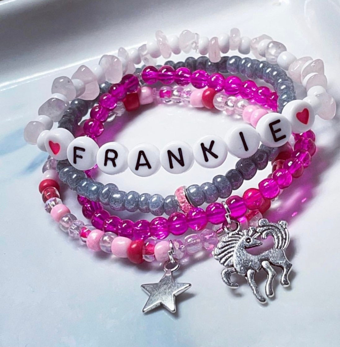 Children’s unicorn rose Quartz or amethyst bracelet stack of 4