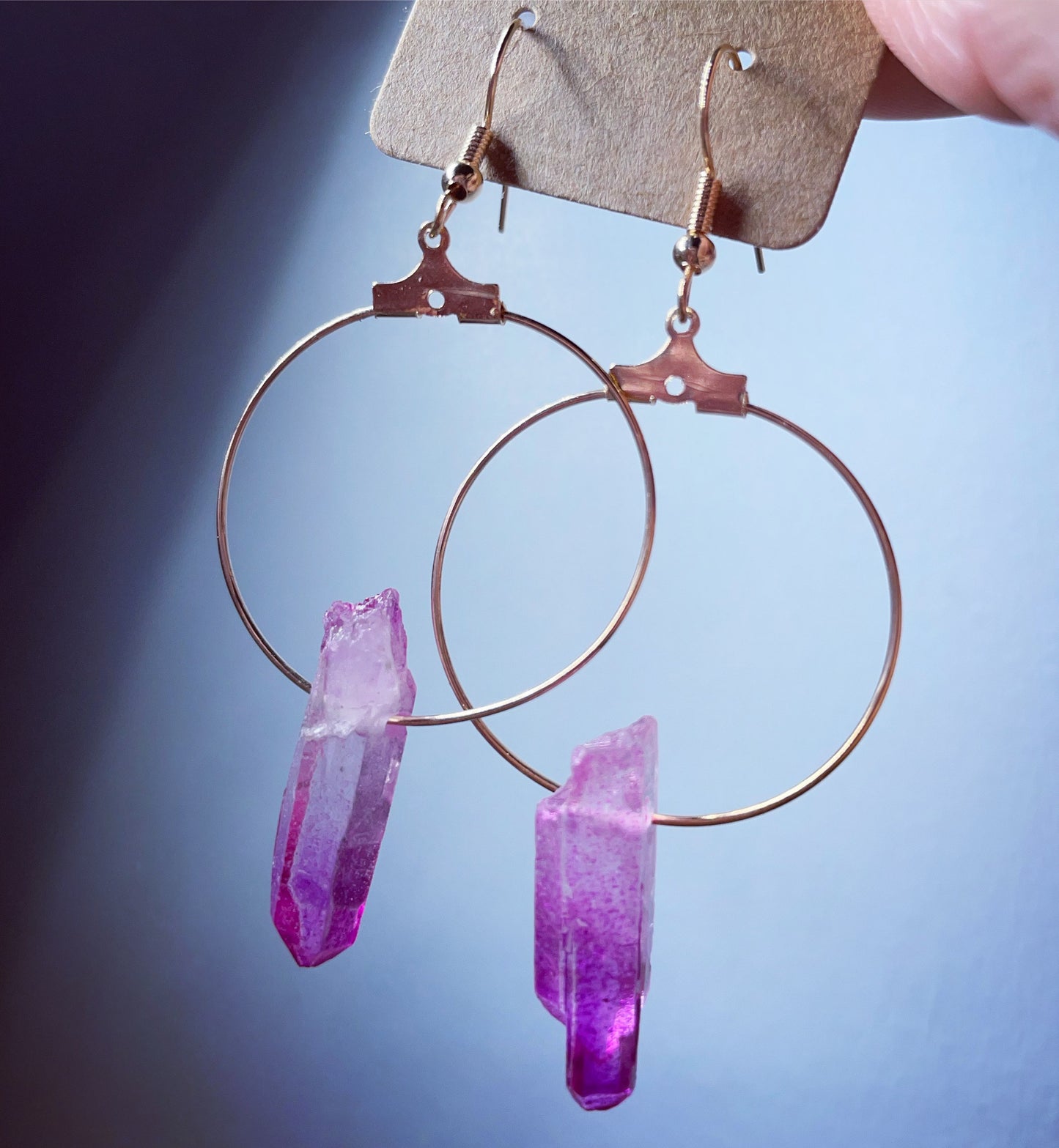 Fuchsia raw aura Quartz hook hoops gold and silver