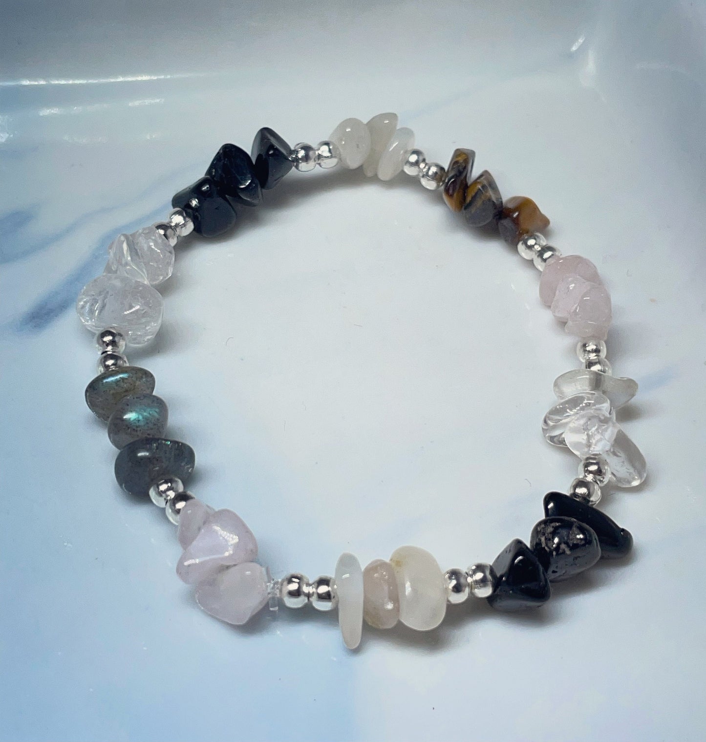 Healing, health, and pain relief crystal chip and silver bead bracelet, rose Quartz, tigers eye, clear quartz, tourmaline, moonstone