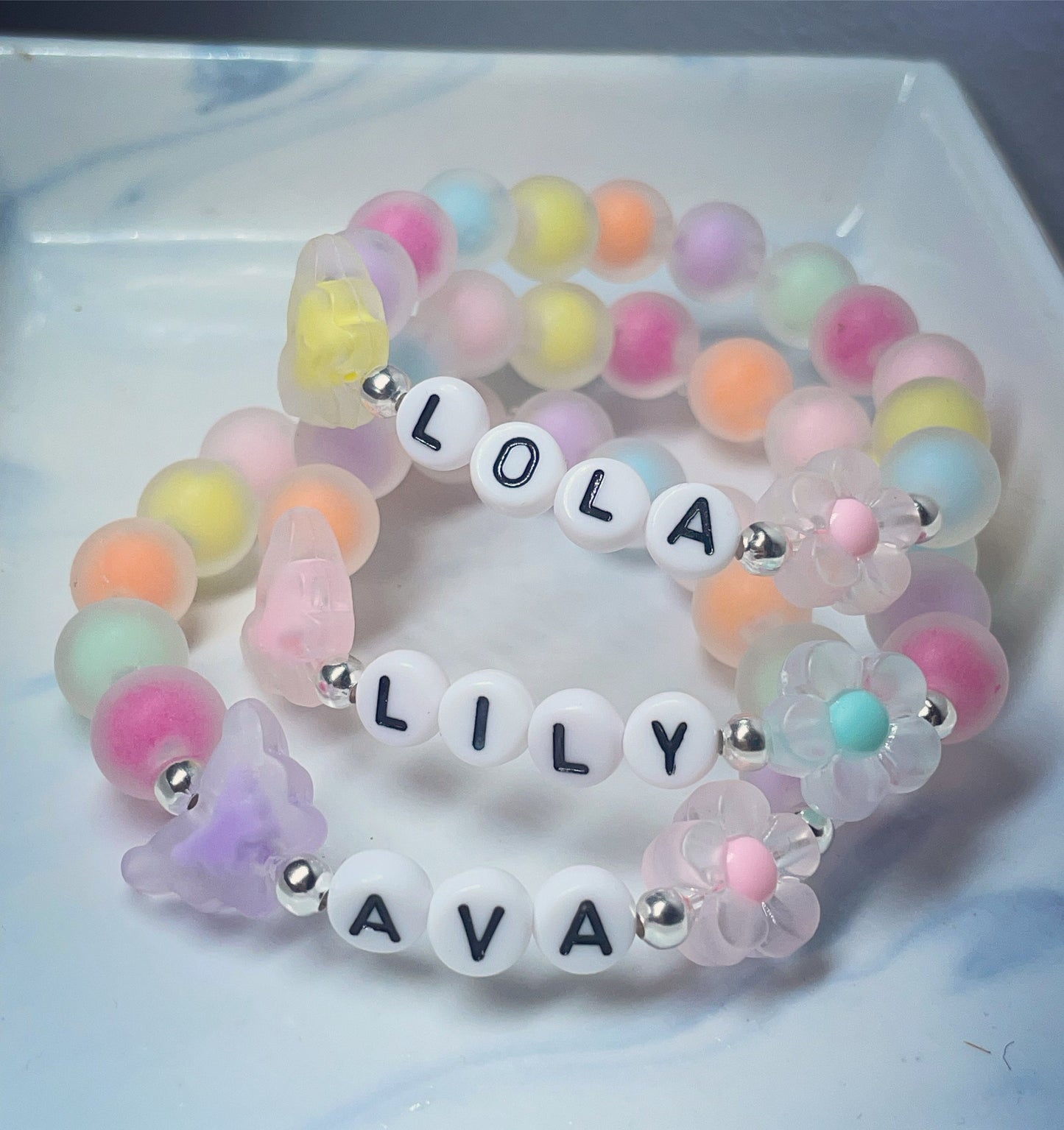 Children’s/girls personalised beaded bracelets butterfly flower beads /girls gifts/ gifts for her