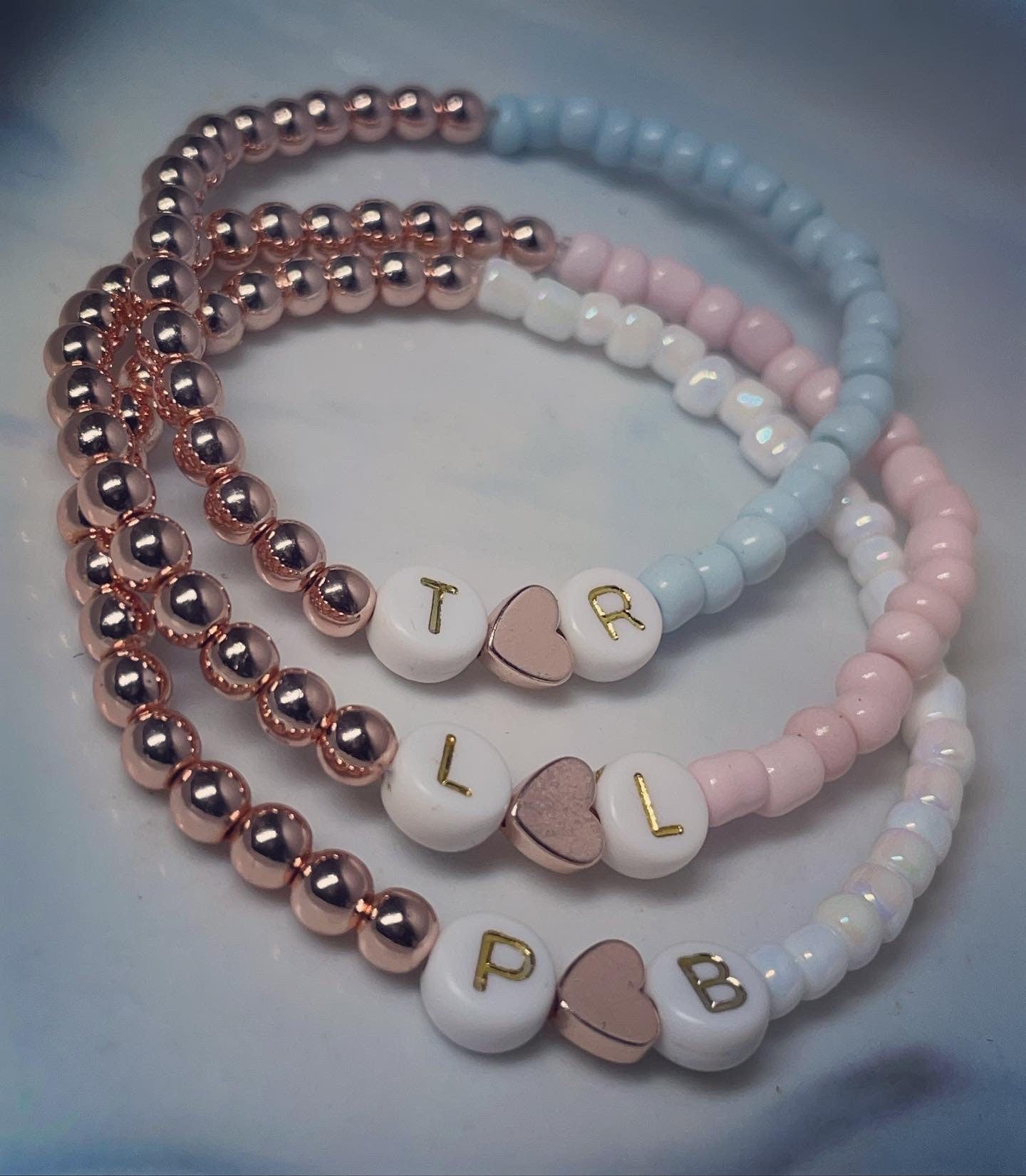 Initial bracelets/ personalised bracelets rose gold and glass seed beads
