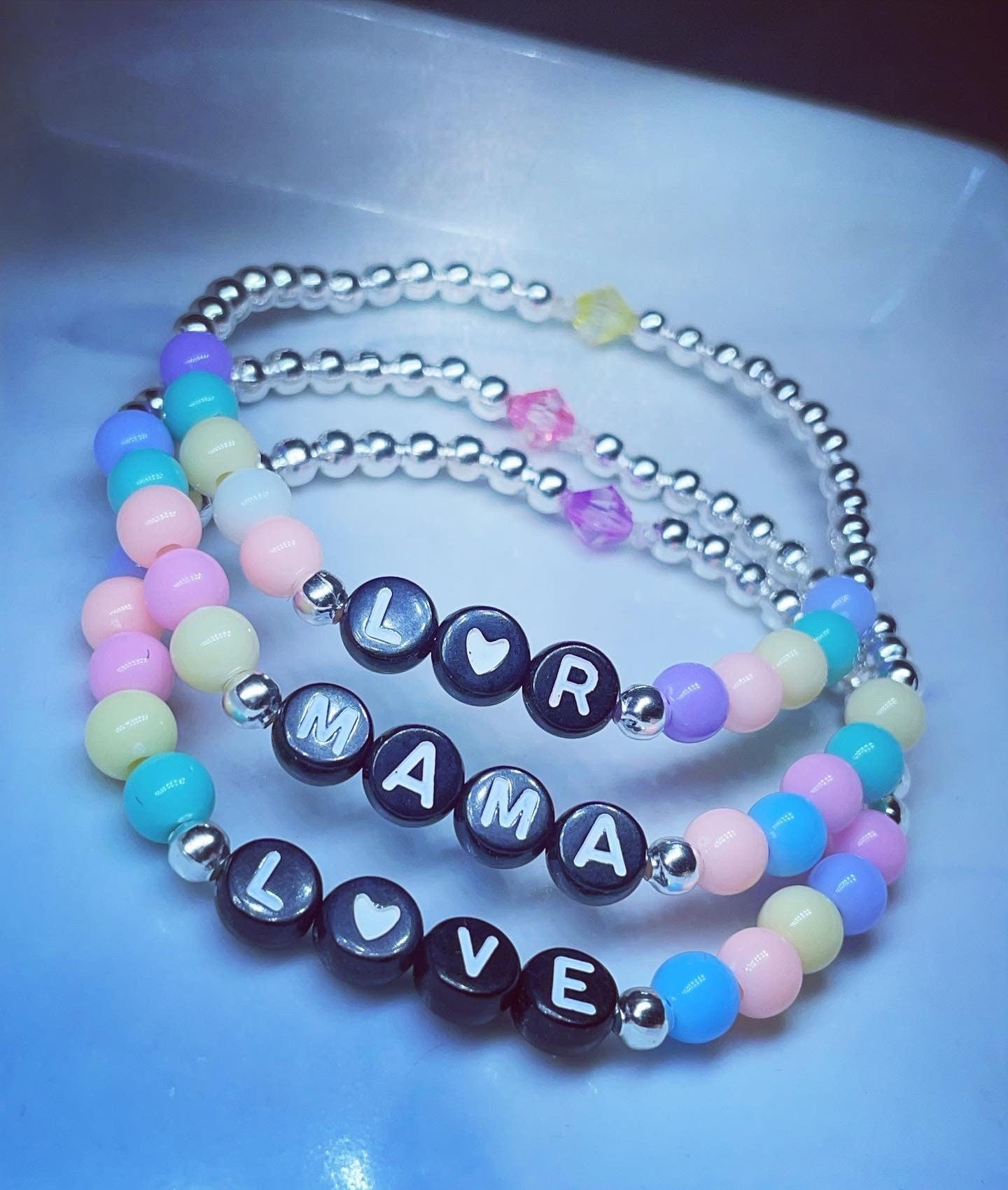Personalised pastel and silver beaded bracelets, word/name initial bracelets