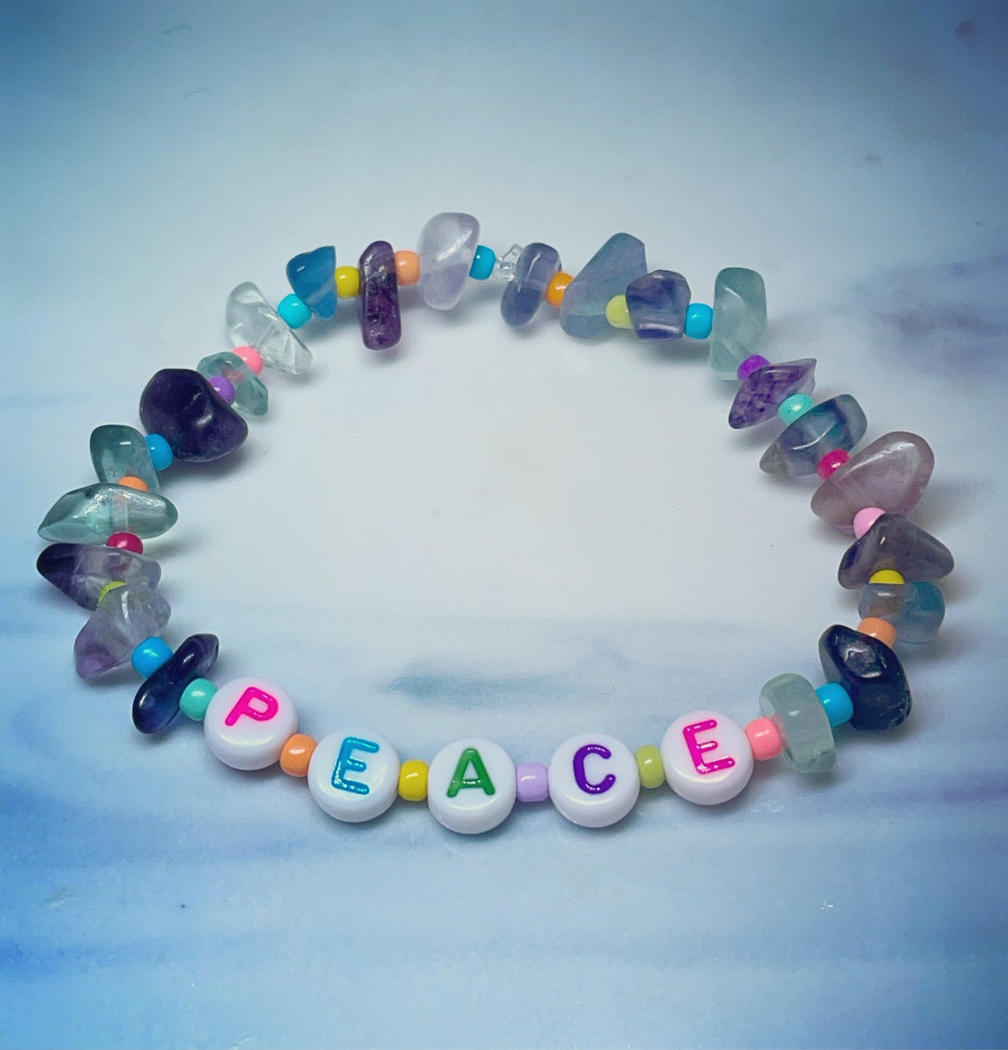 Personalised rainbow fluorite crystal bracelet, peace and positivity
