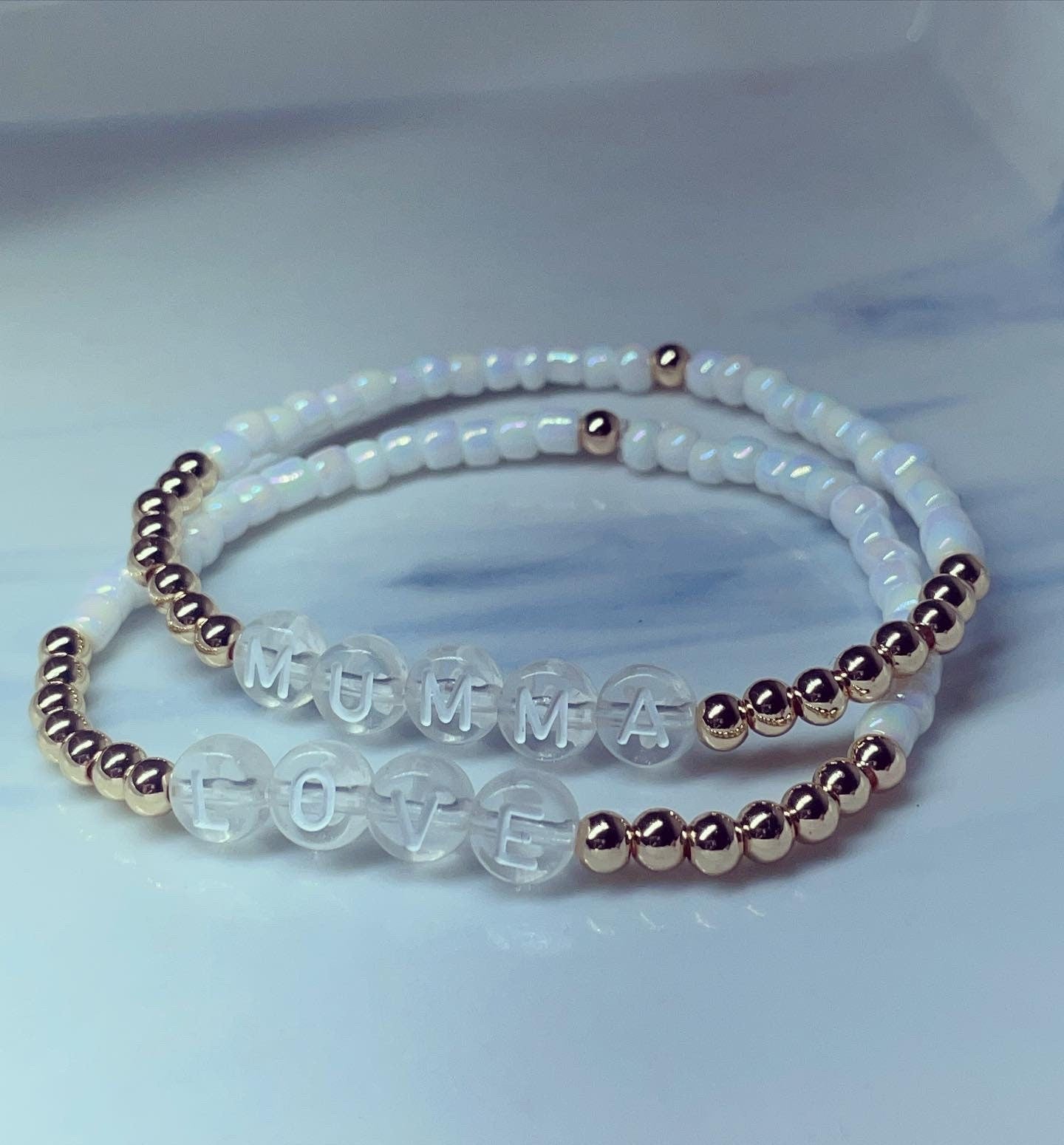 Personalised bracelets 18k gold plated/white Pearl glass beads/ gifts for her/ personalised gifts