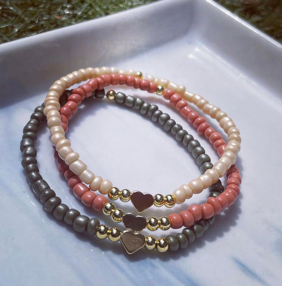 Glass seed bead heart bracelets/ gold or silver