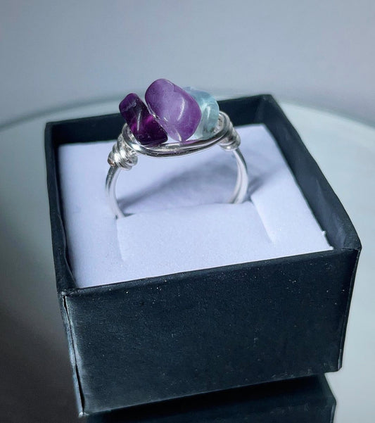 Rainbow fluorite crystal wrapped ring