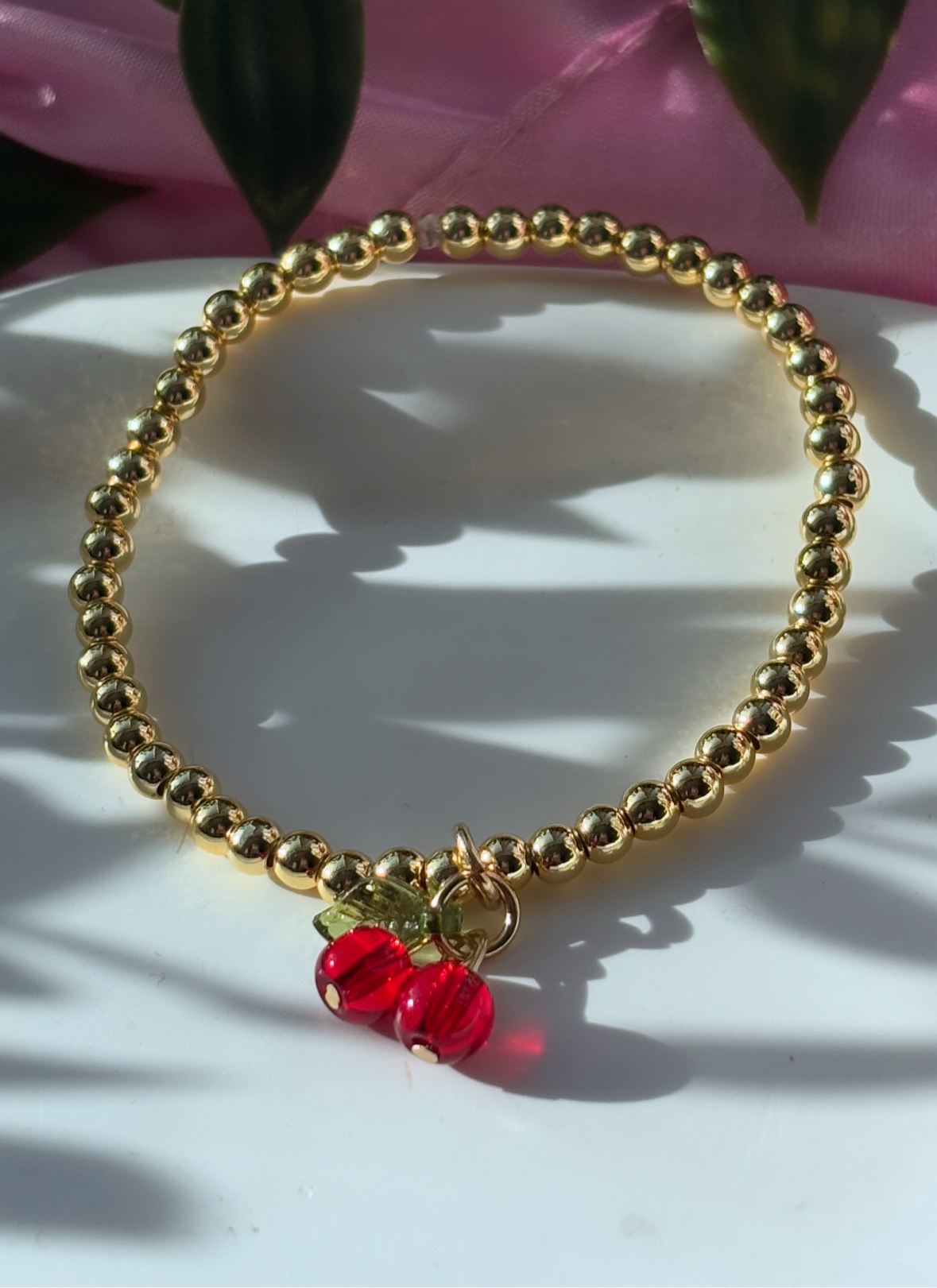 Cherry charm beaded bracelet 18k gold plated