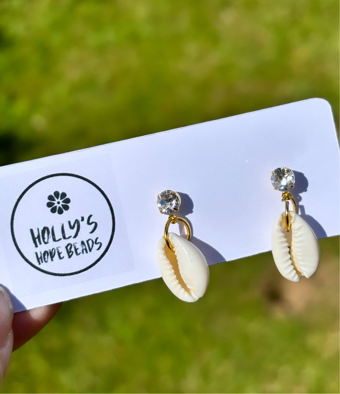 Cowrie shell bracelet & diamanté drop shell earrings