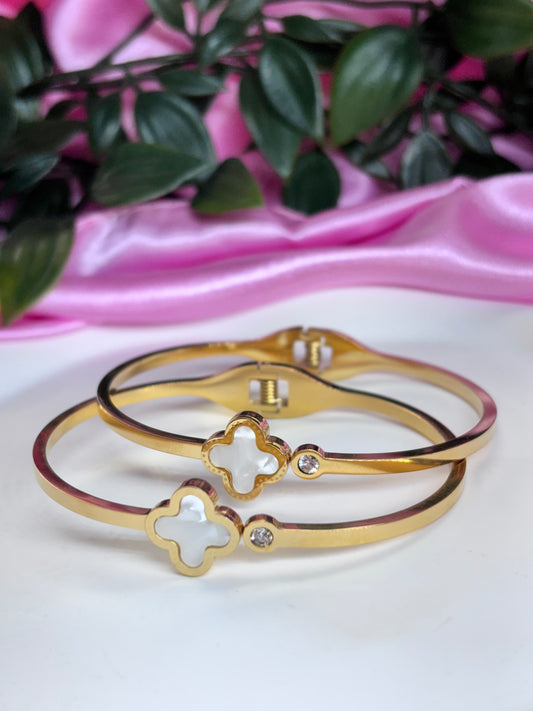 18k gold plated Mother of Pearl clover diamanté bangle | clover bracelet | lucky clover jewellery