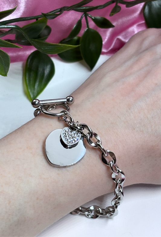 Diamanté double heart charm chain bracelet titanium steel silver/grey