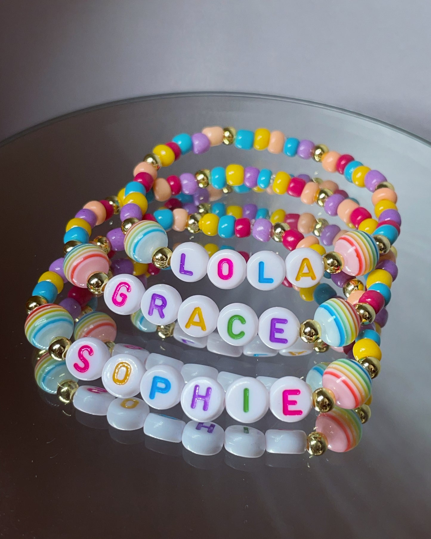 Children’s personalised coloured glass bead bracelets