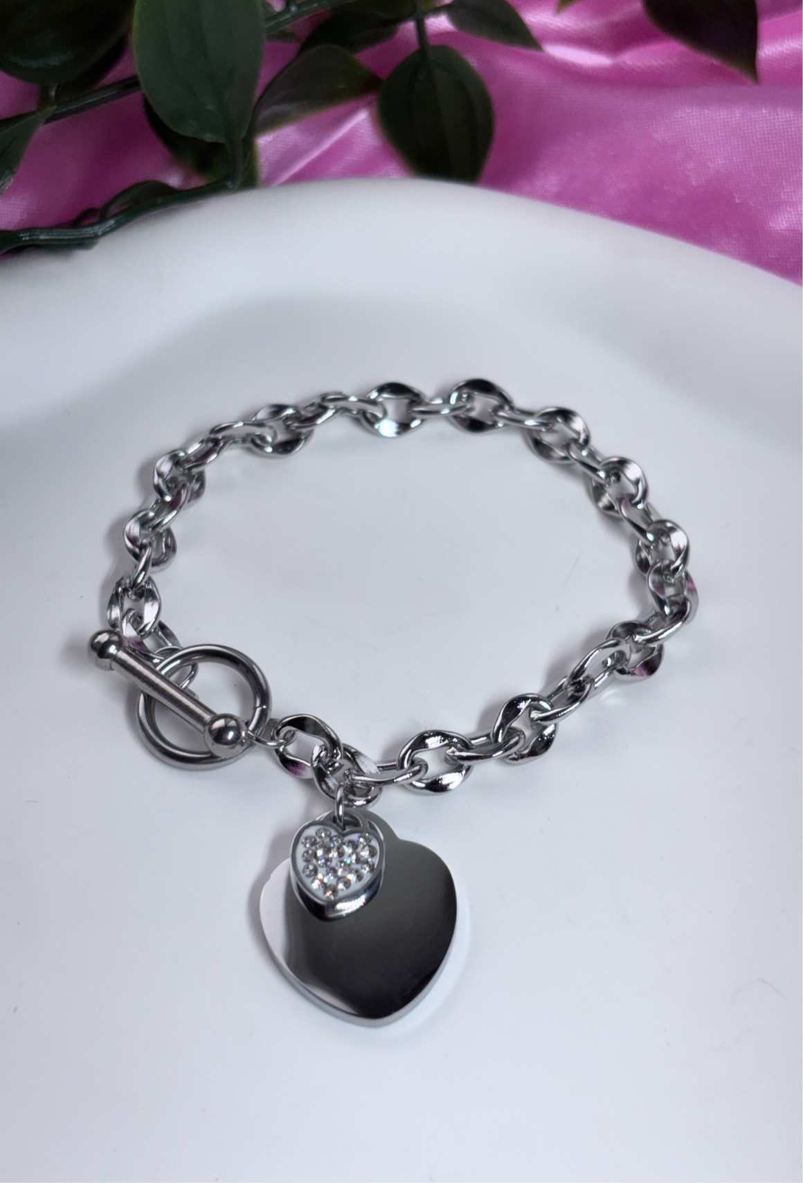 Diamanté double heart charm chain bracelet titanium steel silver/grey