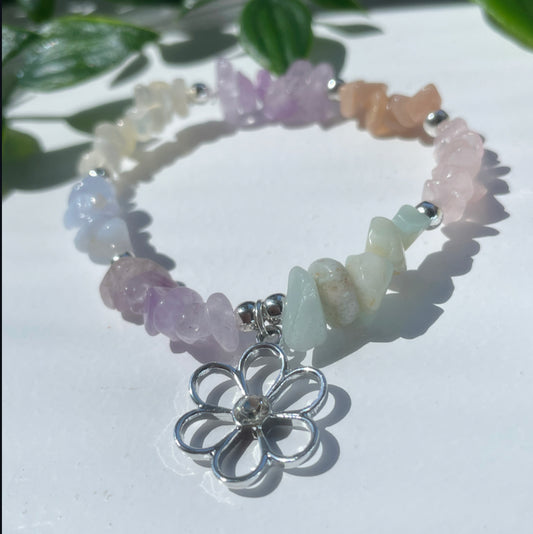 cubic zirconia flower bracelet blue lace agate, amazonite, lilac amethyst, sunstone, rose Quartz and moonstone