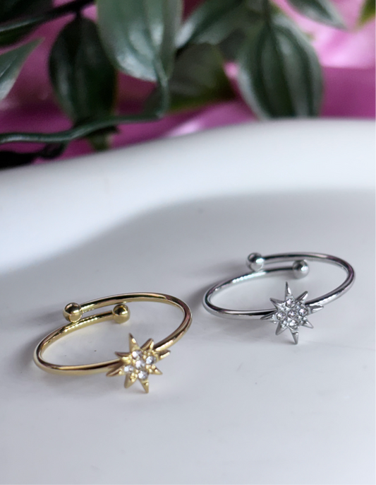 Adjustable stainless steel diamanté star rings gold/silver