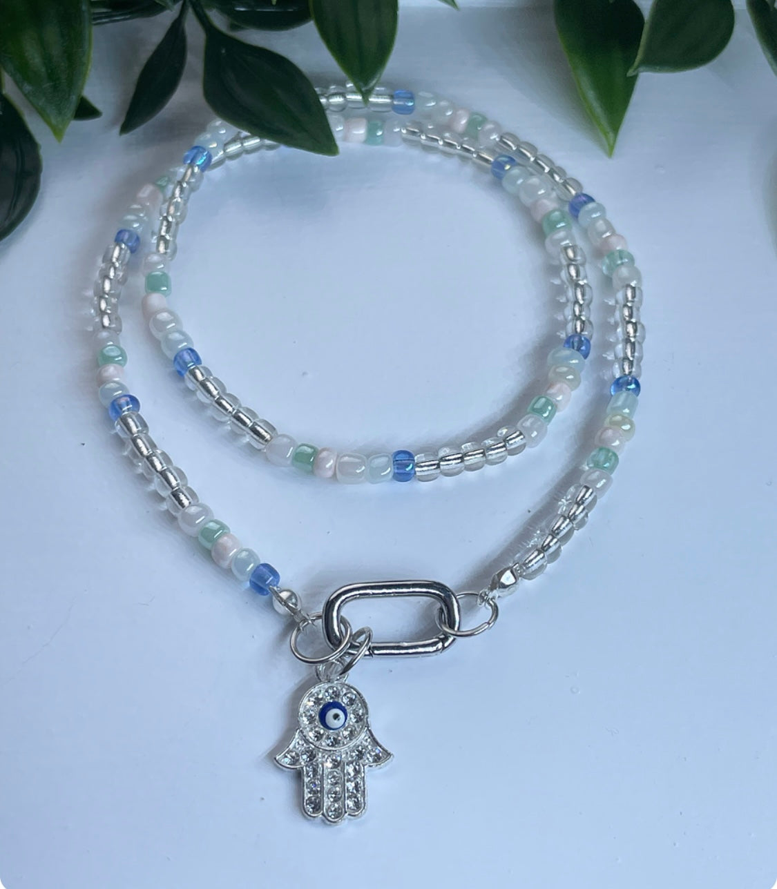 Evil Eye Diamanté Hamsa Beaded Necklace with Carabiner Clasp