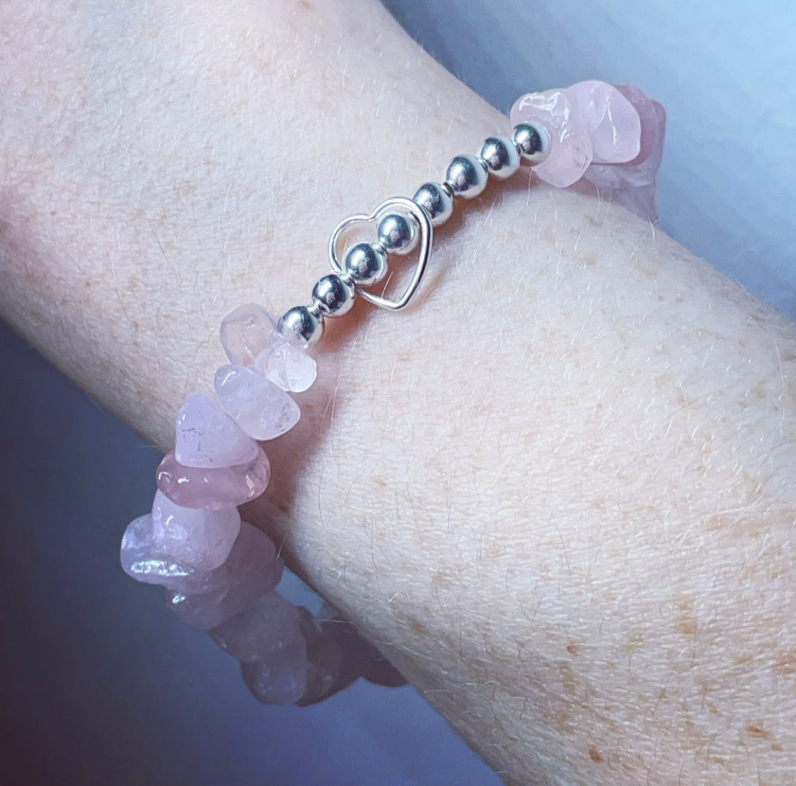 Sterling silver rose Quartz crystal open heart bracelet