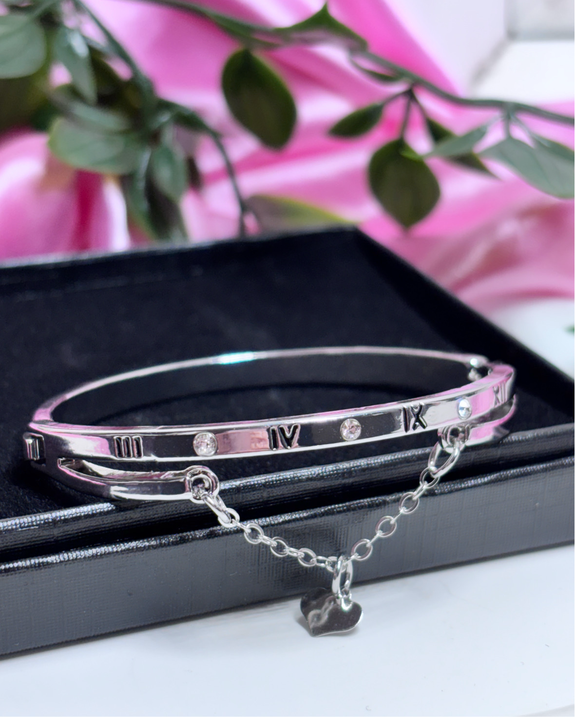 Roman numerals heart chain bangle