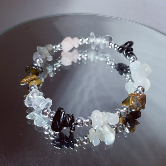 Healing, health, and pain relief crystal chip and silver bead bracelet, rose Quartz, tigers eye, clear quartz, tourmaline, moonstone