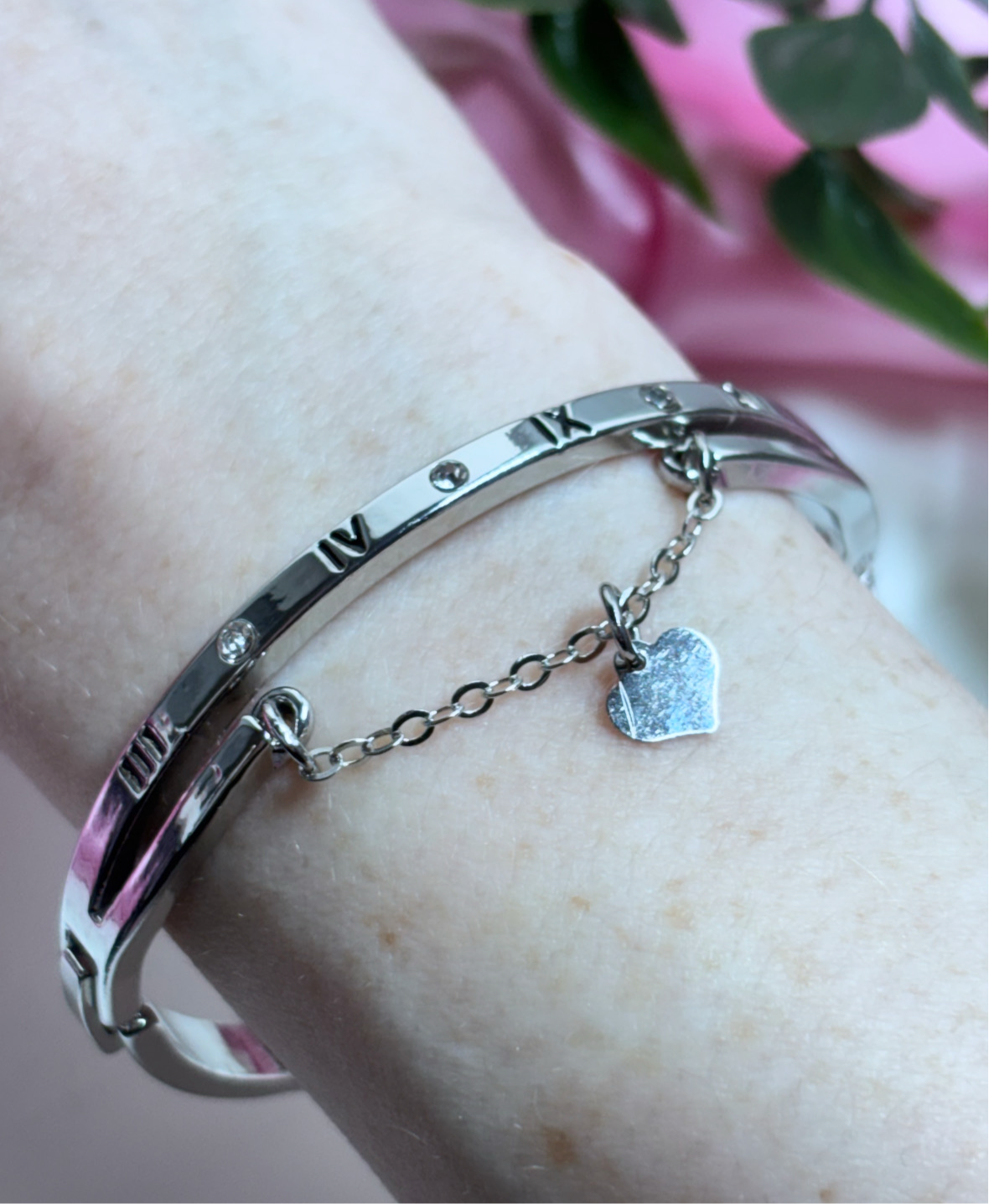 Roman numerals heart chain bangle