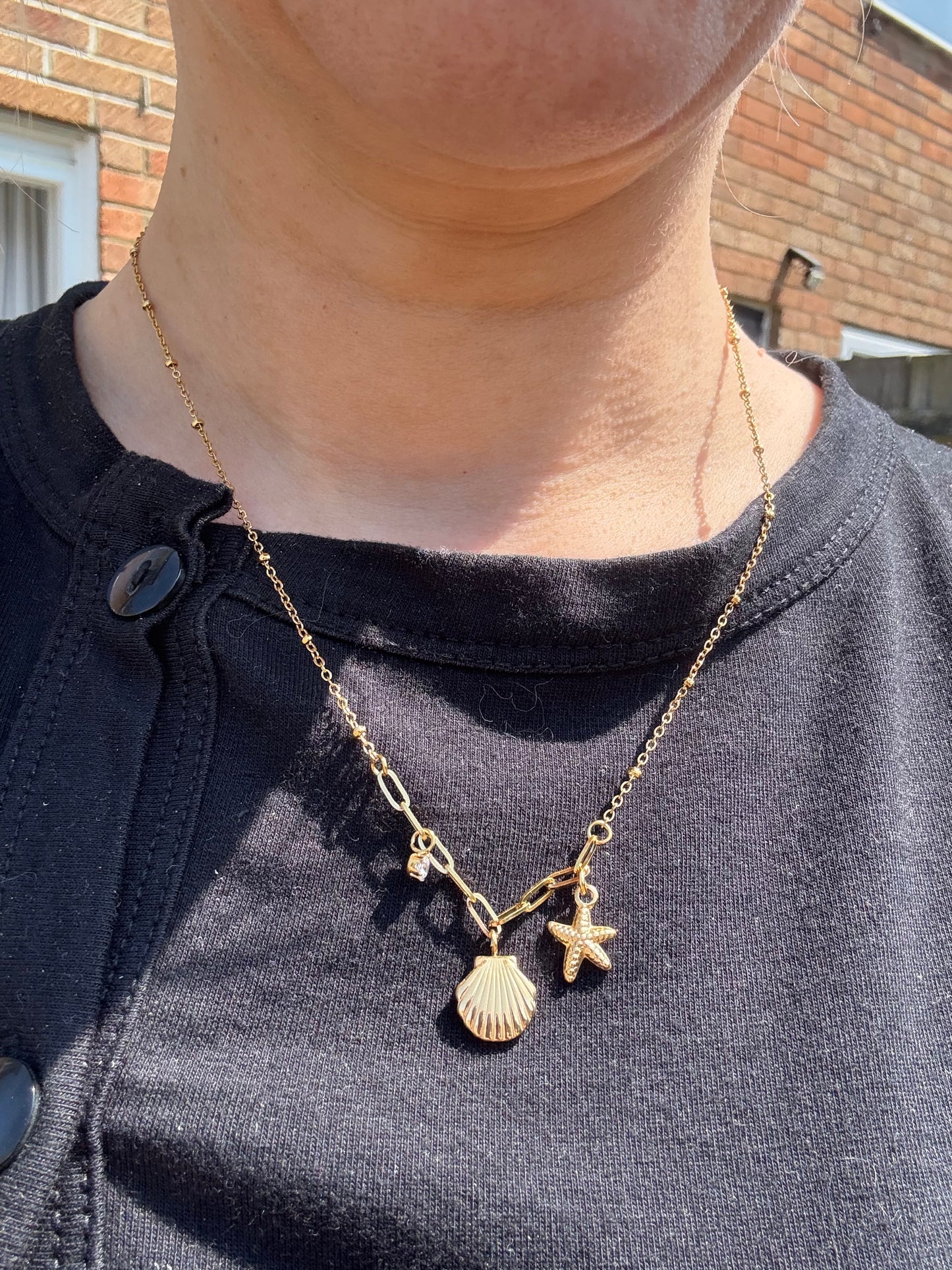 Seashell charm necklace / silver & gold stainless steel / water resistant / tarnish resistant