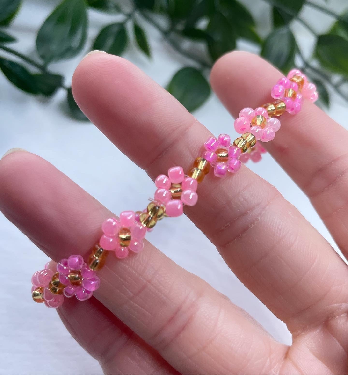 flower bracelet pink and gold lined glass beads | spring flower bracelet | birthday gifts | beaded flower bracelet