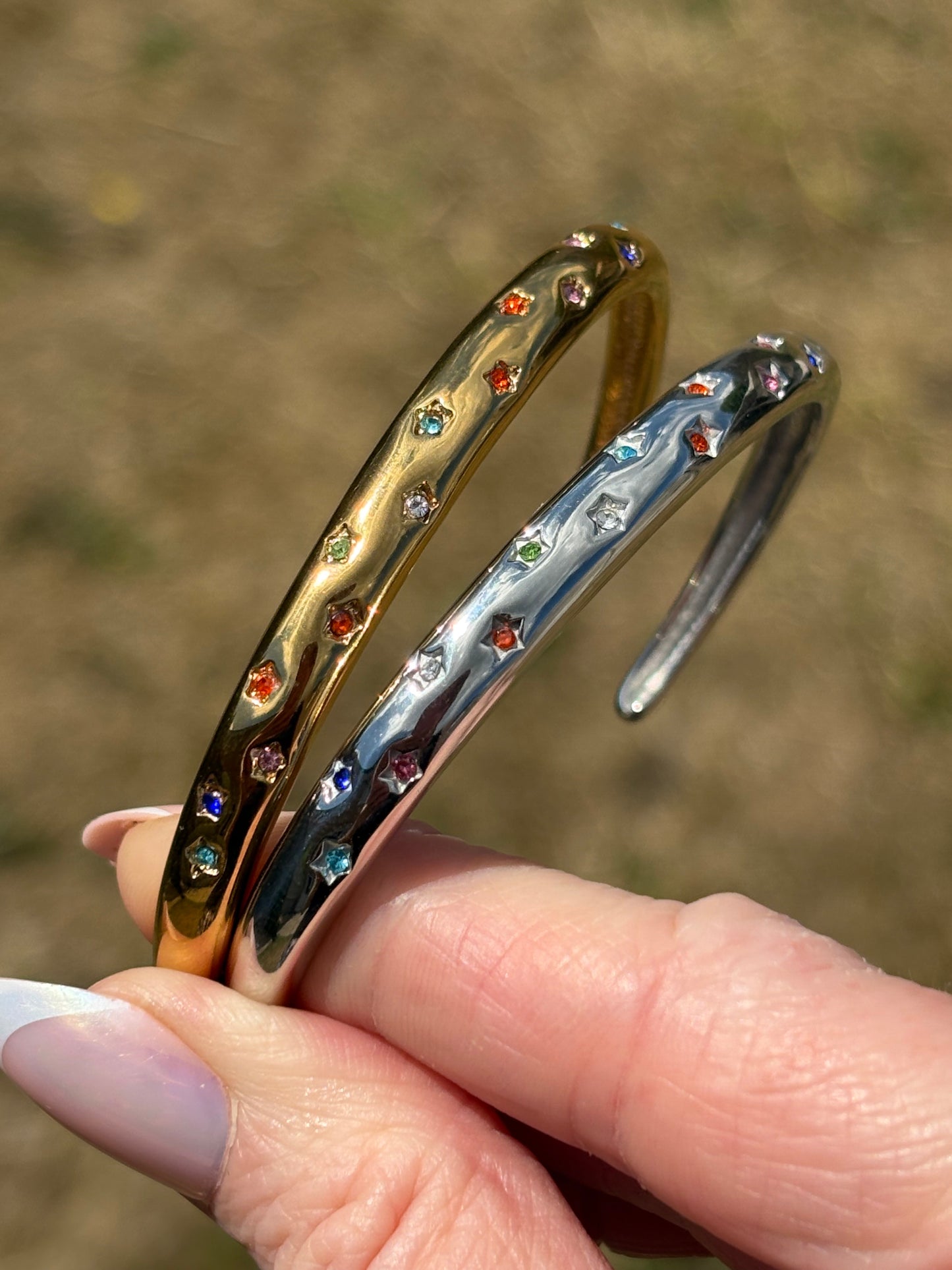 Multi colour star bangle / silver & gold stainless steel / tarnish resistant/ water resistant