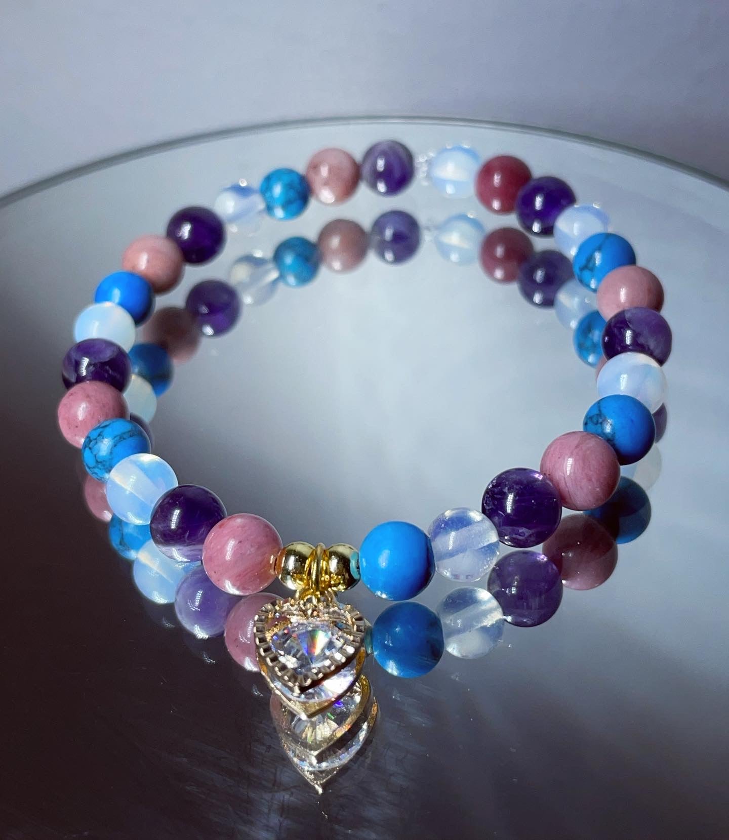 ✨Calm | tranquility | love & protection Cubic zirconia heart charm crystal bracelet made with amethyst, opal, rhodonite, and turquoise