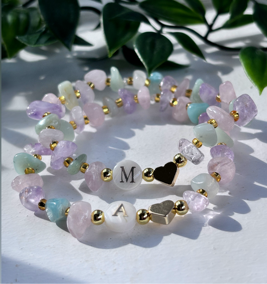 emotional balancing/ wellbeing mother of pearl initial bracelets