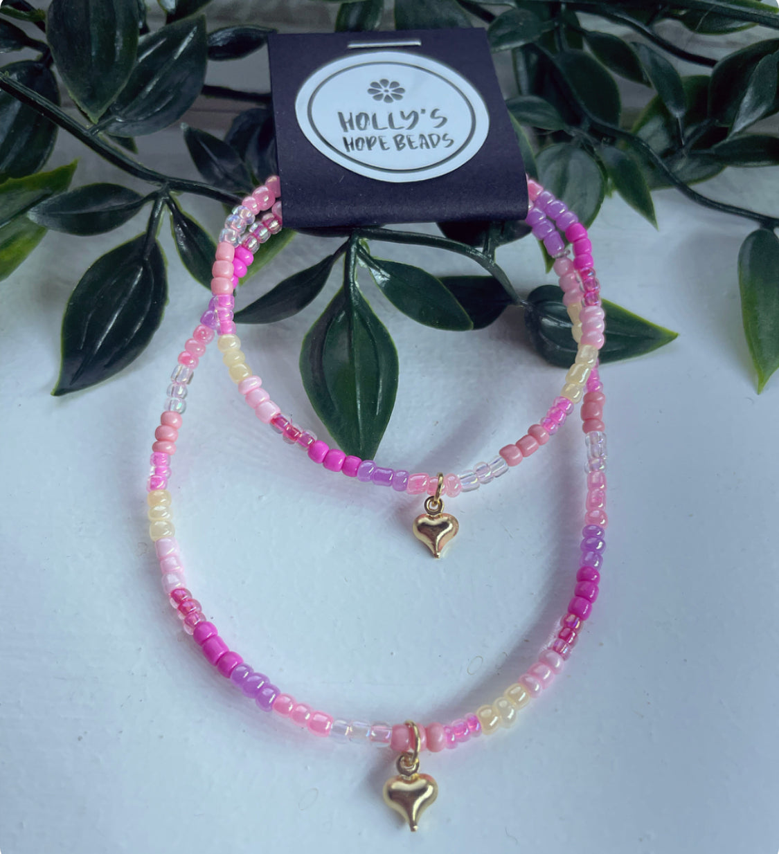 Anklet & bracelet pink glass bead heart charm set