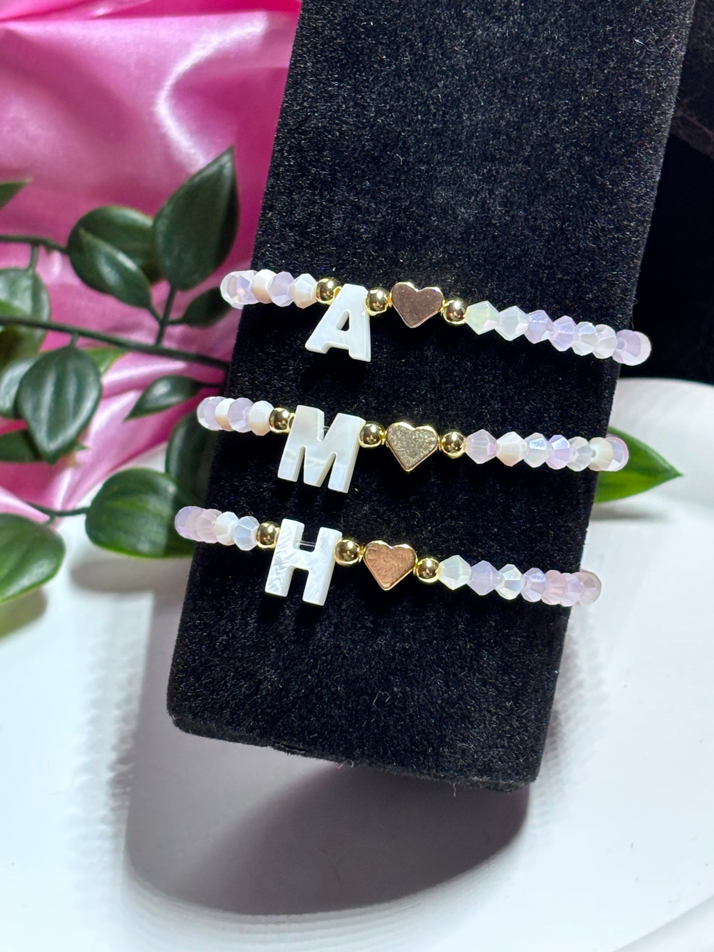 Pink bicone pearl initial beaded bracelet