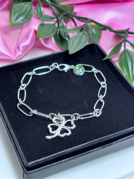 Clover leaf silver link chain bracelet 925 silver plated