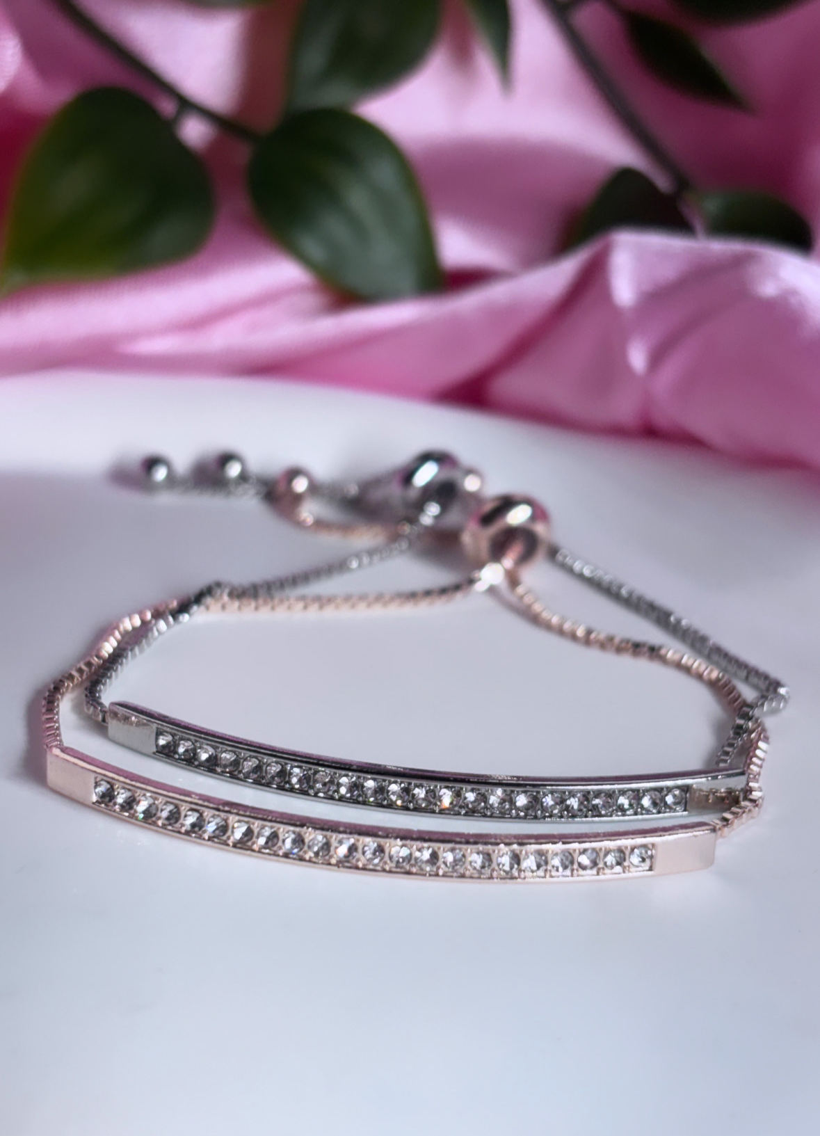 Diamanté Adjustable Bar Bracelets - Rose Gold and Silver