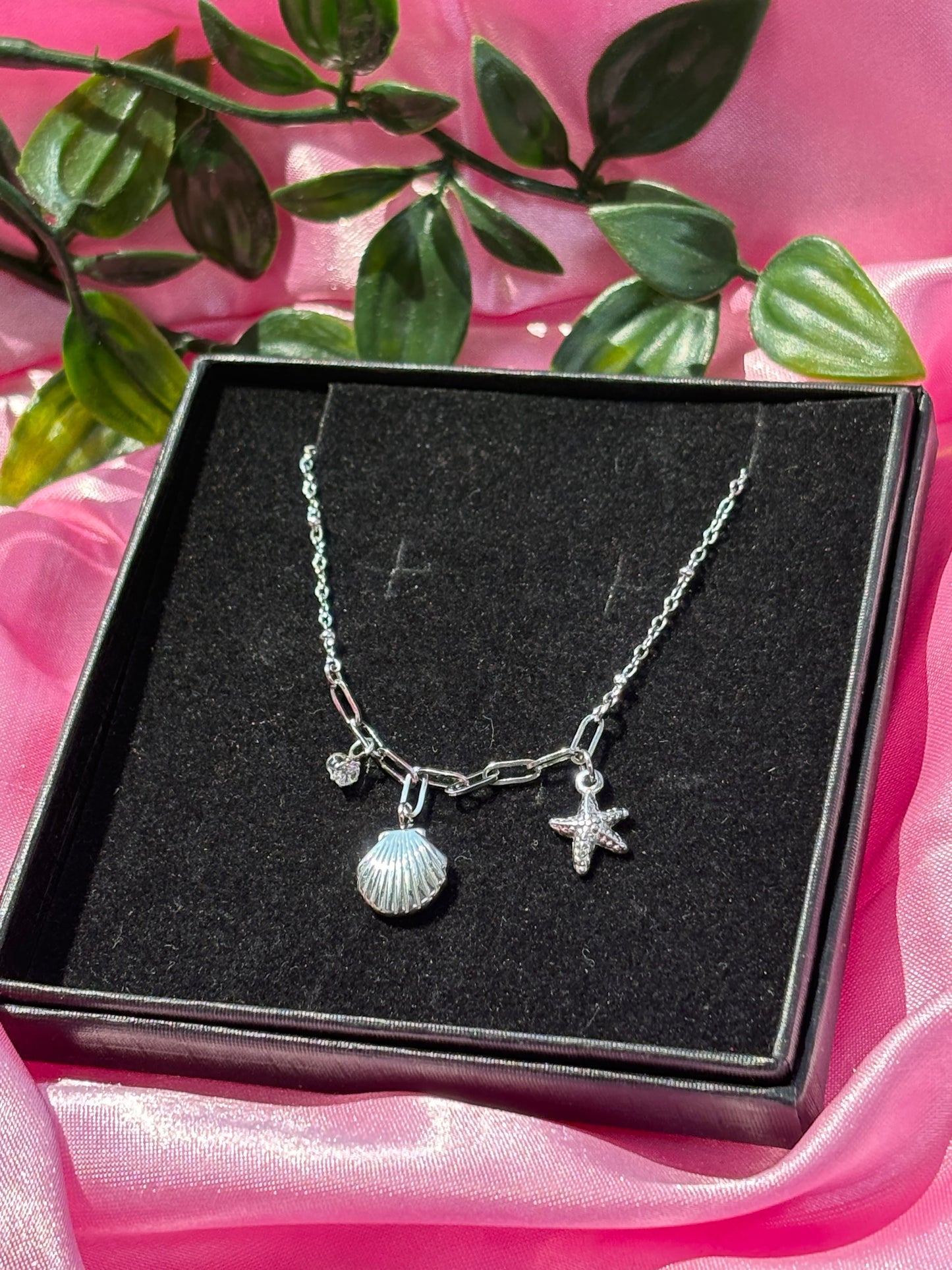 Seashell charm necklace / silver & gold stainless steel / water resistant / tarnish resistant