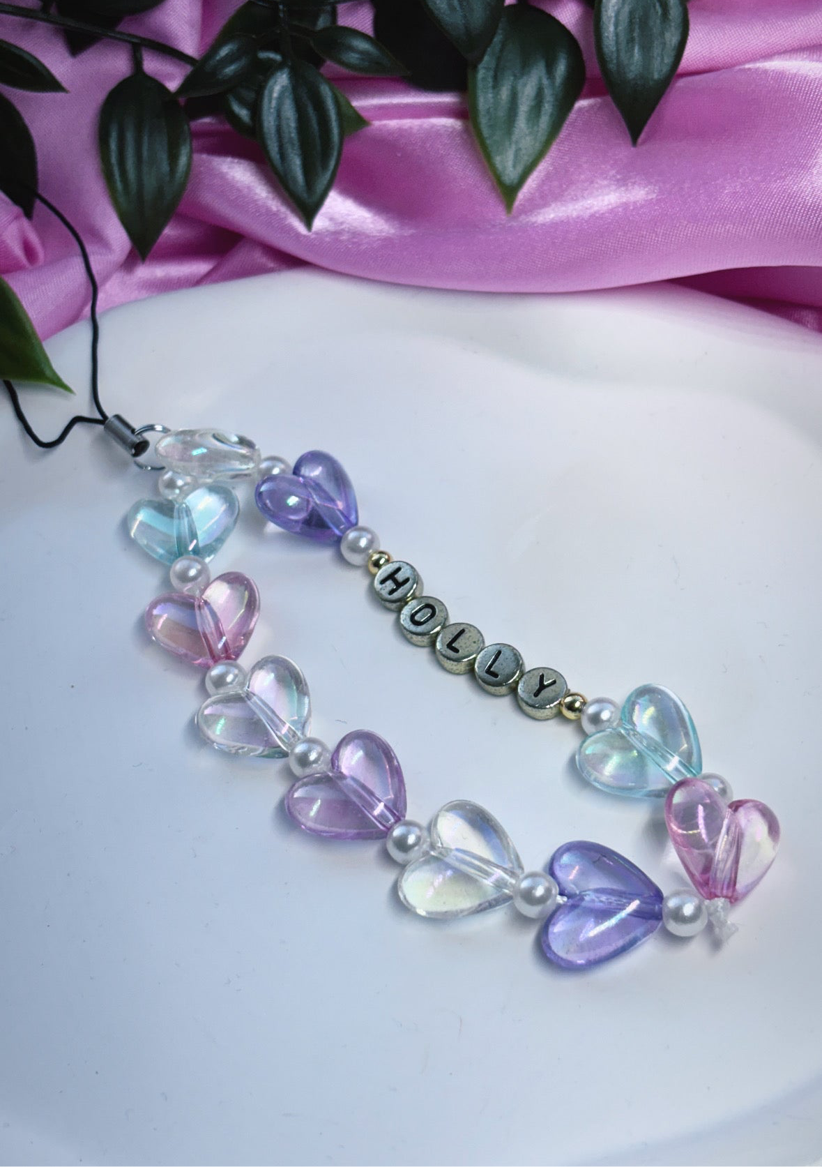 Valentines personalised acrylic heart and pearl phone strap