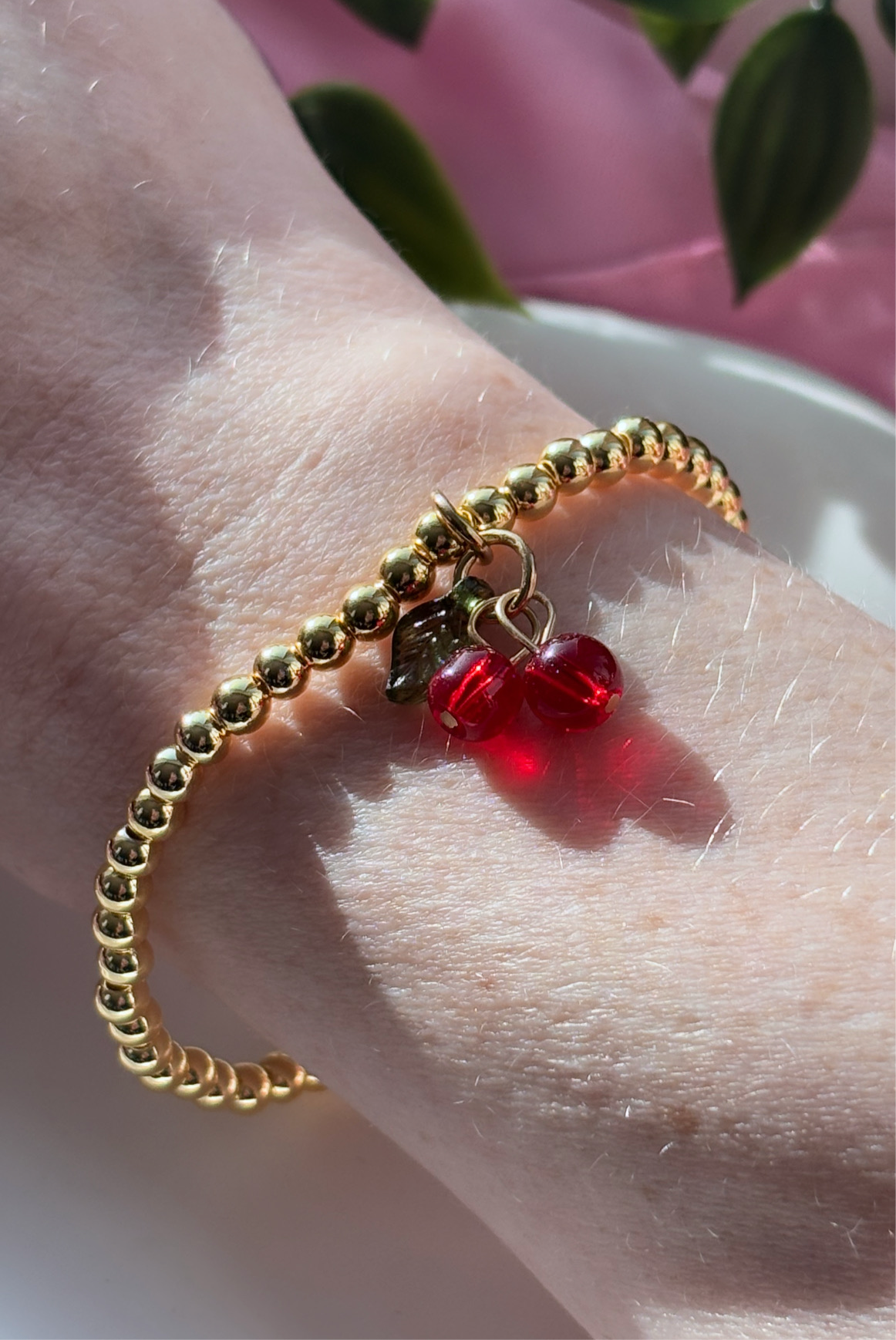 Cherry charm beaded bracelet 18k gold plated