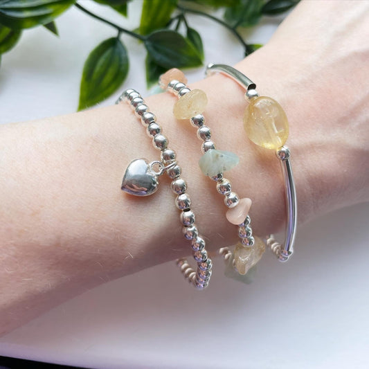 Mood boosting citrine, sunstone & amazonite silver plated stack of bracelets