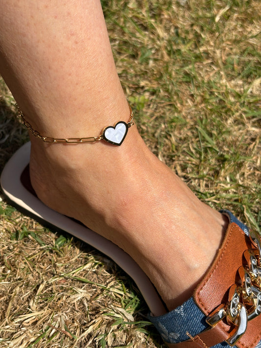 Gold mother of pearl heart anklet / stainless steel / water resistant / tarnish resistant
