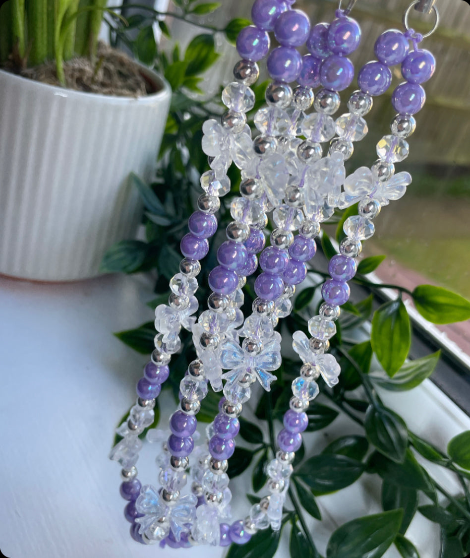 Bow Phone strap |  lilac bow and crystal beaded phone strap