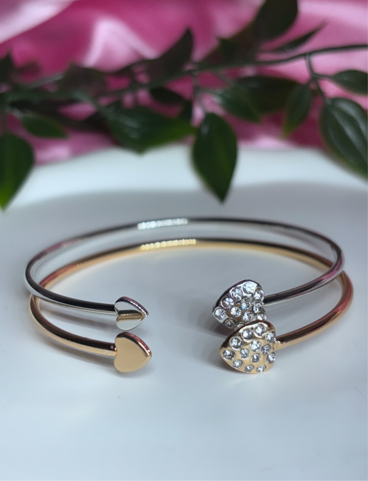 Simple elegant Diamanté heart bangle gold & silver