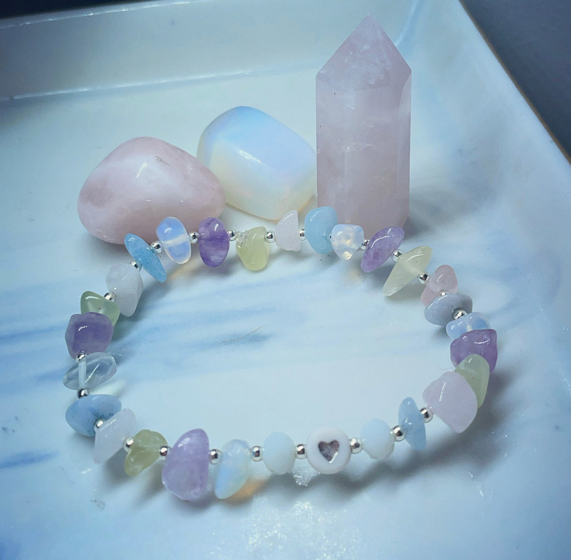 Deep healing & cleansing crystal bracelet amethyst, rose Quartz, aquamarine, green jade, and opal