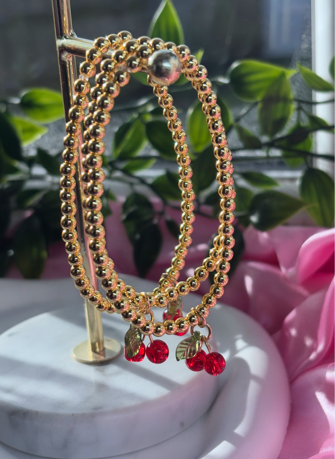 Cherry charm beaded bracelet 18k gold plated