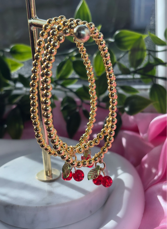 Cherry charm beaded bracelet 18k gold plated