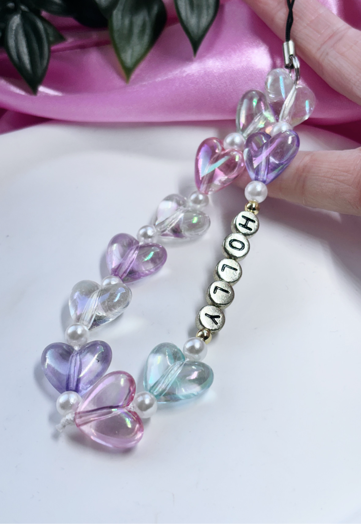 Valentines personalised acrylic heart and pearl phone strap