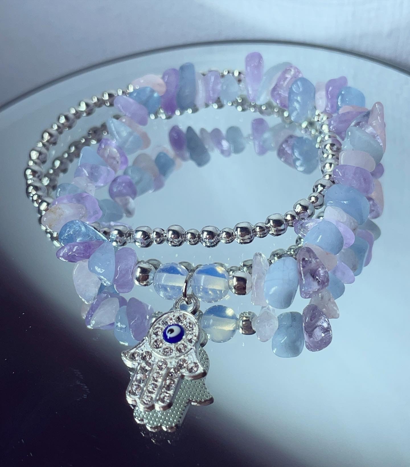 Amethyst, aquamarine, opal, & rose Quartz diamanté hamsa stack