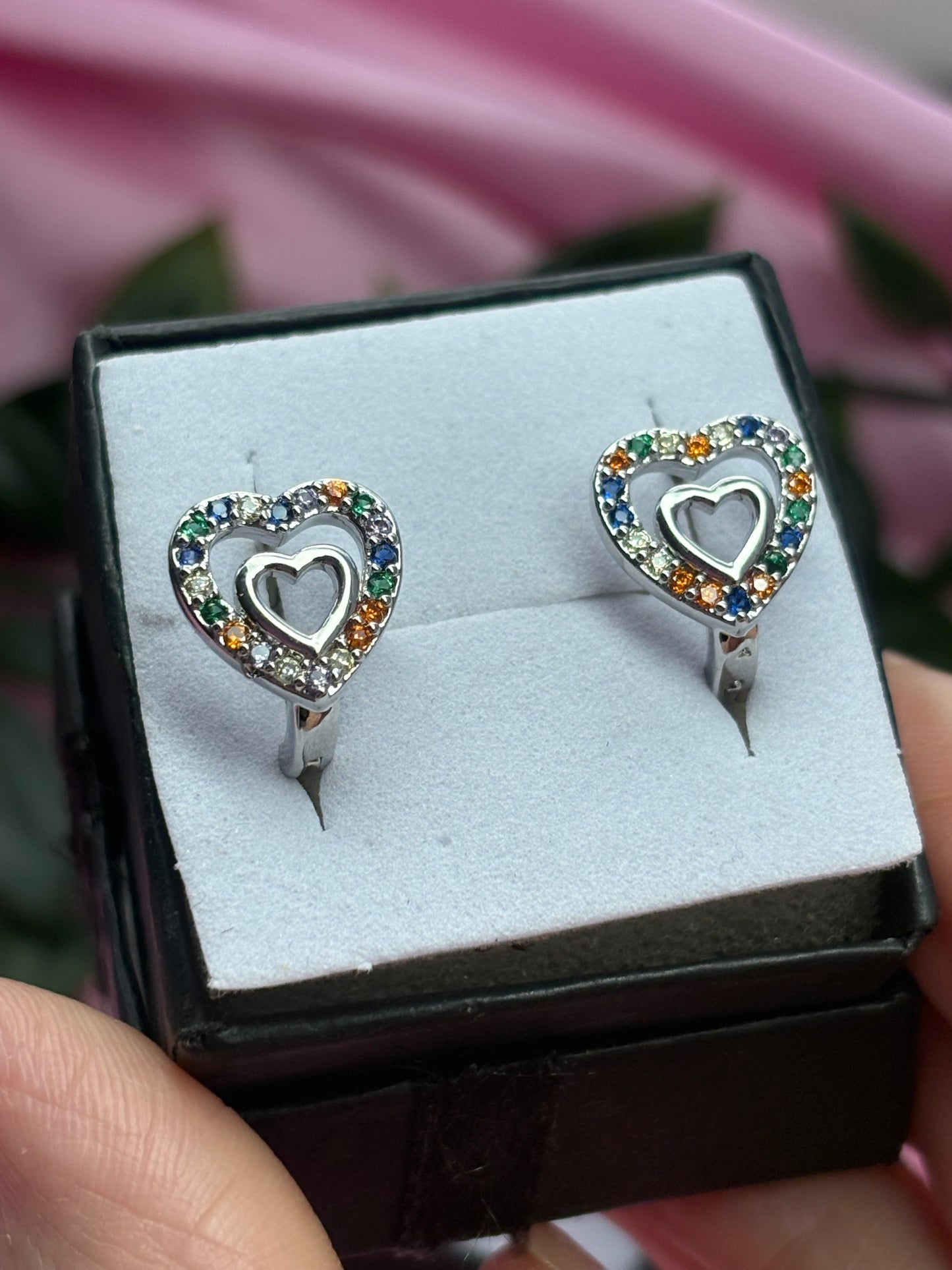 Double heart multi gem Huggie hoops / stainless steel / tarnish resistant