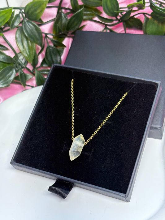 Crystal point necklaces tarnish resistant stainless steel chain rose Quartz, green aventurine and amethyst