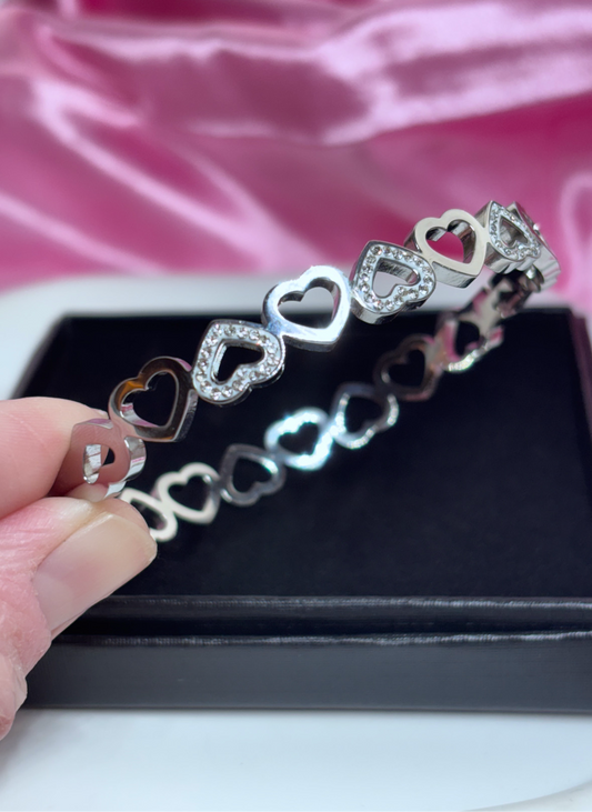 Multi diamanté heart bangle stainless steel Water resistant, tarnish resistant