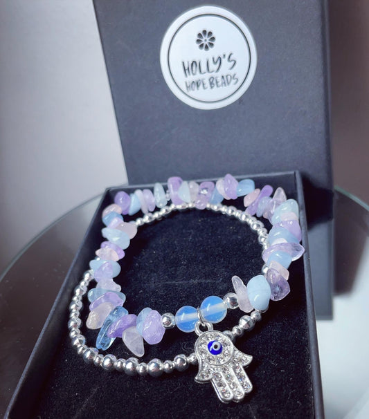 Amethyst, aquamarine, opal, & rose Quartz diamanté hamsa stack